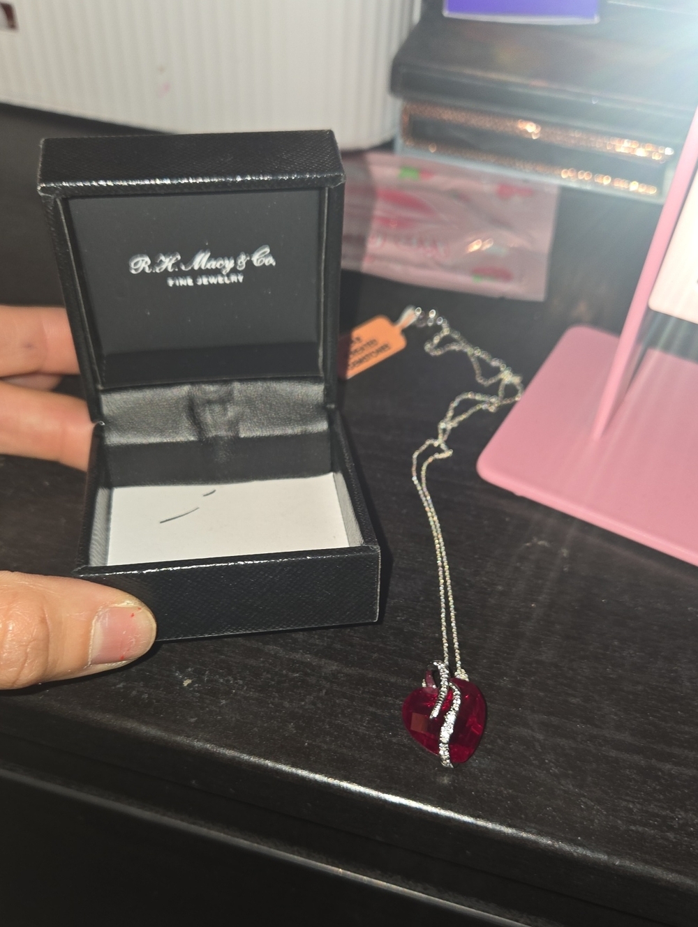 Macy's Silver Necklace with Deep Red Heart Pendant